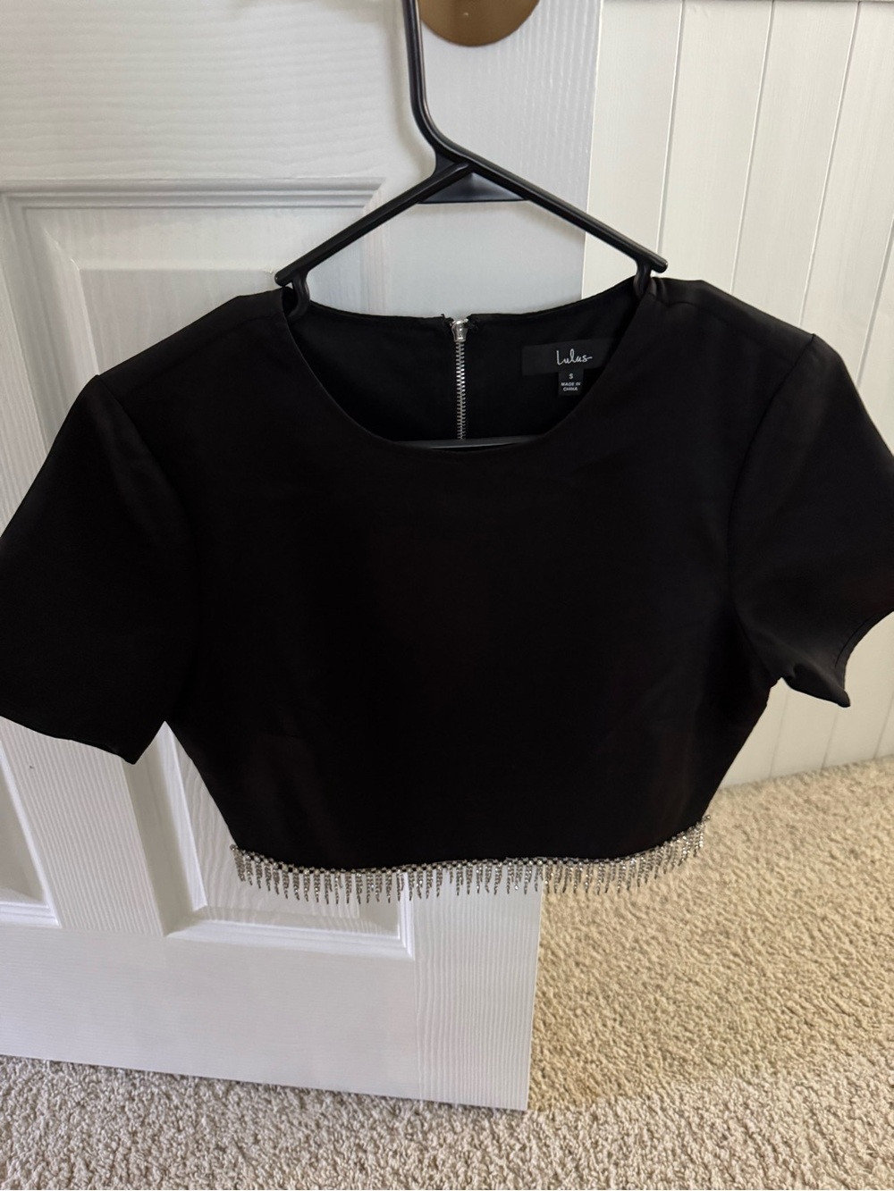 Lulu's Black Crystal Fringe Cropped Top
